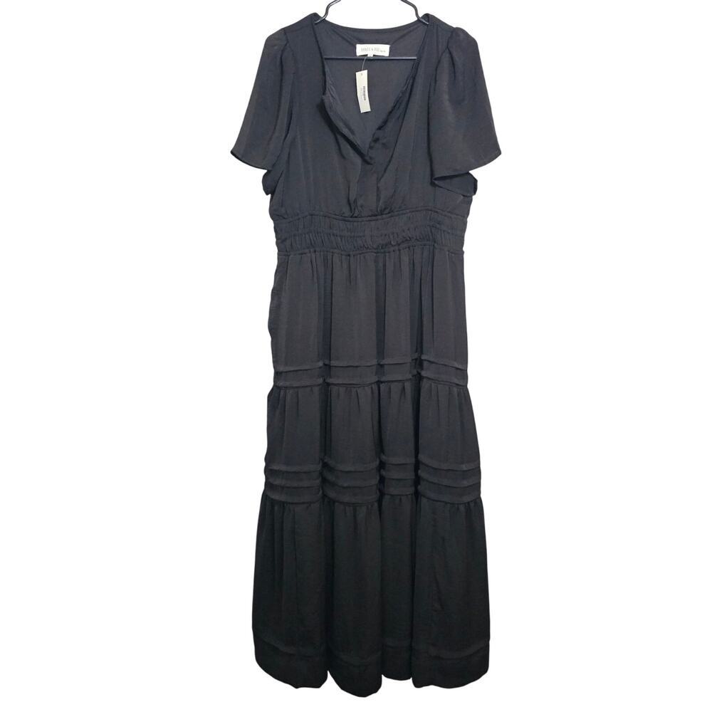 Brass & Roe The Sundara Satin Dress‎ Black Large Peasant Tiered Festival Neutral